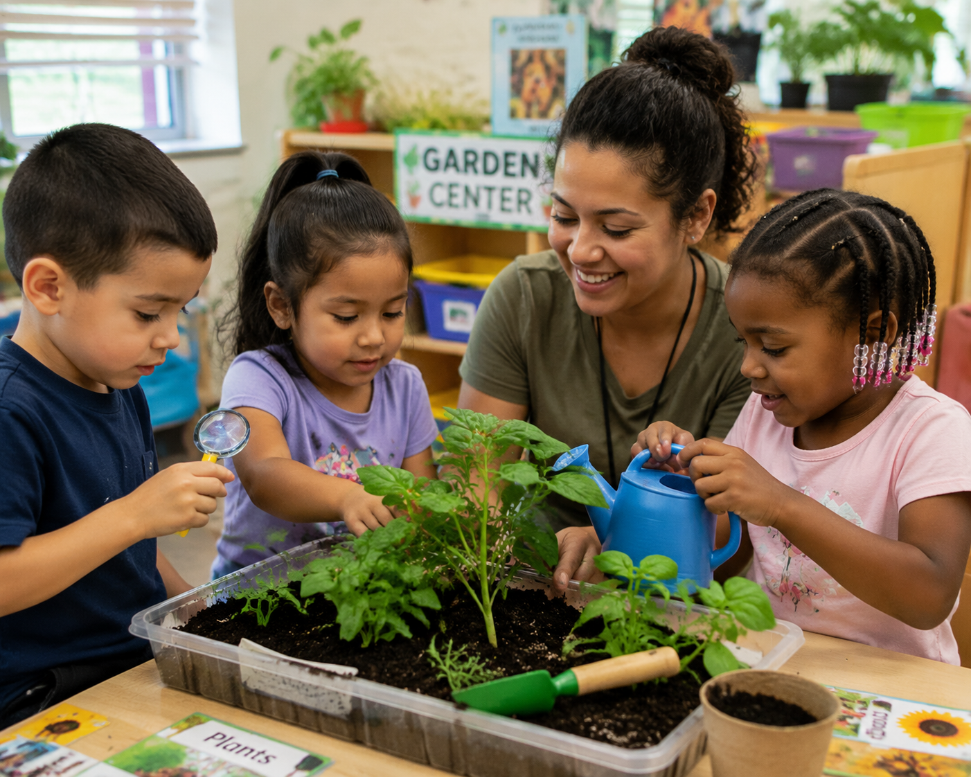 Children exploring a classroom garden